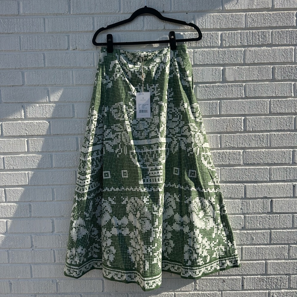 Cleobella Green and White Printed A-Line Midi Skirt
